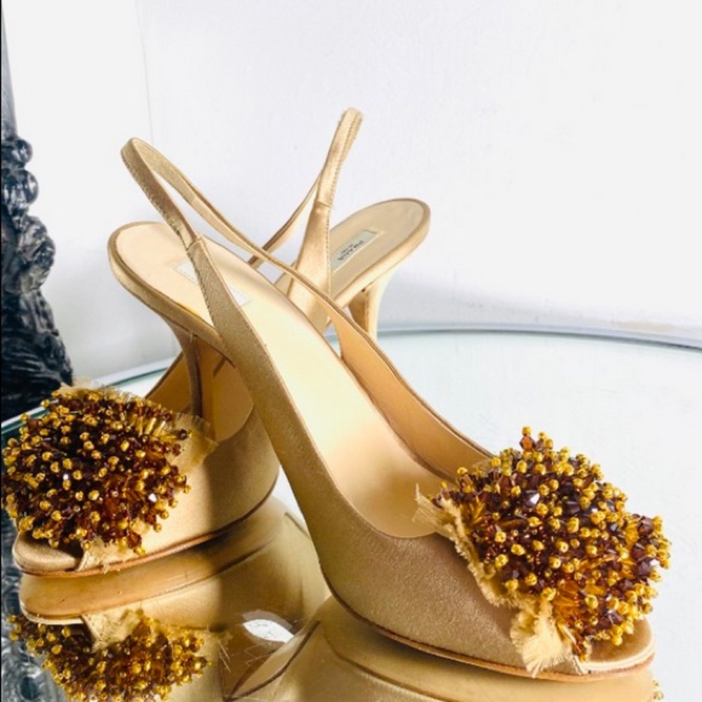 Prada Bead Pom Pom Embellished Gold Satin Slingback Sandals